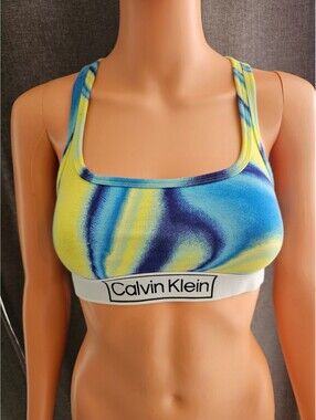 Calvin Klein Women's Racerback Sports Bra in Blue and Yellow Tie-Dye, Size M